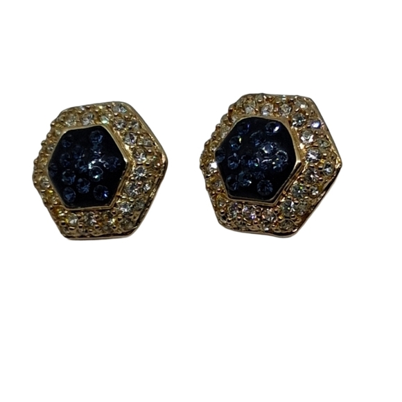 💎 Roman Co. Vintage Gold Tone Navy Blue Hexagon Stud Earrings Crystal Halo - Picture 5 of 6